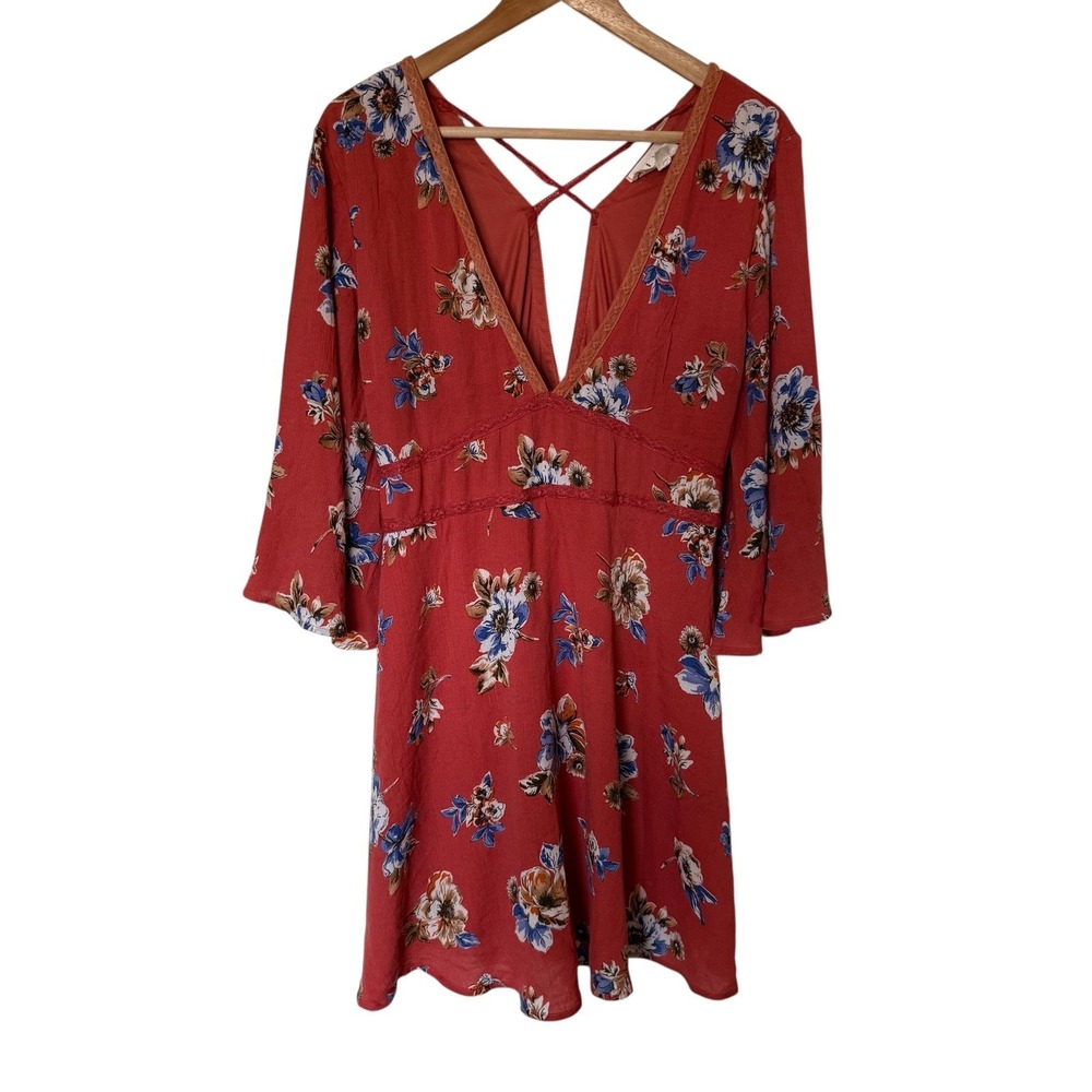 Anthropologie lost + Wander Floral Mini Dress Womens L Rust Red Boho V-Neck